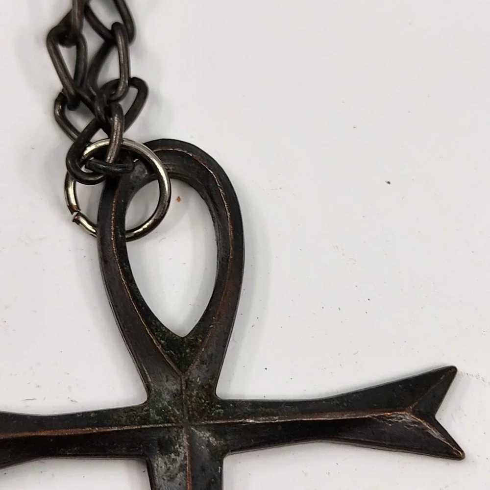 Large Egyptian Ankh Cross Pendant Necklace Antiqued Bronze Tone Statement
